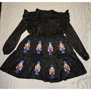 Hazel Blues Womens Large Black Ruffled Nurcracker Dress Long Sleeve Mini Stretch